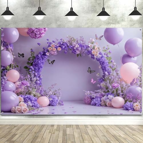 7x5ft Flower Backdrop Purple Lavender Floral Butterfly Balloon Photography Background for Girls Birthday Party Princess Weeding Bridal Baby Shower Events Party Decor Backdrop Banner Photo Booth Prop - color: Purple Pink-03, size: 7X5FT