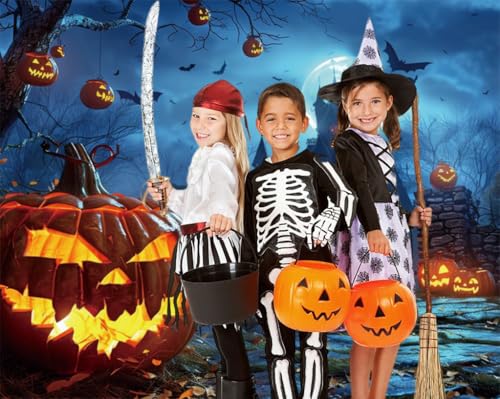 Halloween Backdrop 10x8ft Blue Horror Full Moon Night Pumpkin Lantern Bats Scary Castle Photography Background for Spooky Party Decorations Banner Photo Booth Props