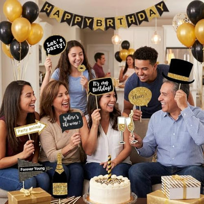 30 Pcs Gold and Black Birthday Photo Booth Props Kit, Happy Birthday Decorations, Funny Selfie Photo Props for 40th 50th 60th Birthday Graduation Wedding Party Supplies - style: Party Birthday Props-Gold