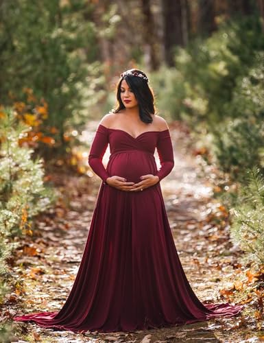 Saslax Maternity Off Shoulders Half Circle Gown for Baby Shower Photo Props Dress - color: 1#-burgundy 162, size: Small