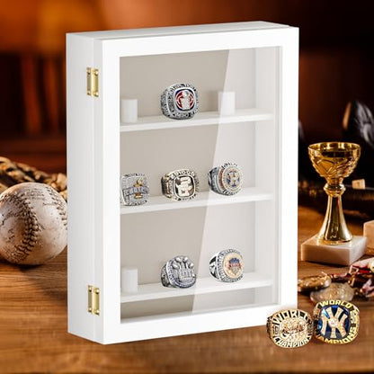 TJ.MOREE Championship Ring Display Case, 9 Ring Posts Baseball Ring Display Case, 8 x 10 Wall Mount Wooden Glass Shadow Box with Locks to Show Sport, Class, Fraternity, and Award Rings - White - color: 9 Posts-white-rectangle