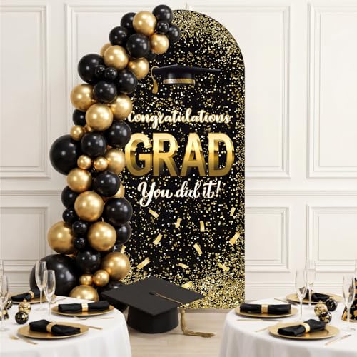 Tingjoo Black Gold 2026 Graduation Decoration Class of 2026 6.6 ft Arch Backdrop Cover Spandex Photo Background Decor Double-Sided Round Top Backdrop Congrats Grad Decor for Graduation - color: Black Gold
