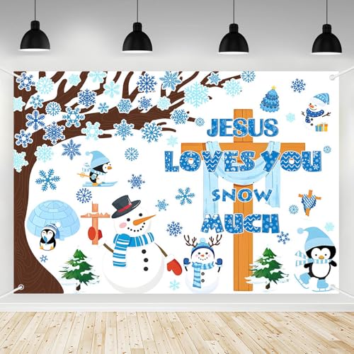 AIBIIN Winter Jesus Backdrop Winter Bulletin Board Decorations Banner Snowman Jesus Loves You Snow Much Photography Background Church Christmas January Party Banner Props 8x6ft - color: Blue, size: 8x6ft