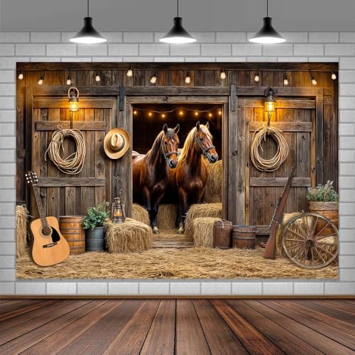 Wathon Western Cowboy Backdrop for Photography Southwest Country Ranch Photo Backdrop Retro Rustic Barn Door with Cactus Guitar Texas Photo Background Booth Video Studio Props 5X3FT - color: Horse, size: 5X3FT