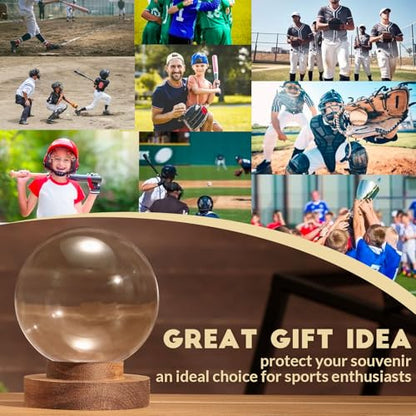 JupDec Baseball Display Case, Round Clear Ball Holder with Wooden Base, Autograph Baseball Stand Box for Single Ball, Acacia Wood, Brown