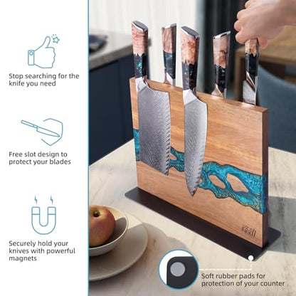 FINDKING Magnetic Knife Block, Double Sided Holder, Powerful Magnet Kitchen Storage, Acacia Wood and Blue Resin (12 x 10 Inches, Without Knives) - color: Blue