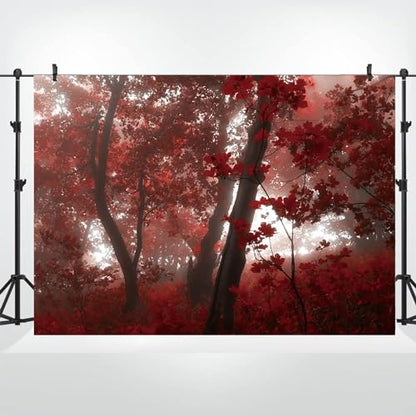 6x4ft Fall Maple Leaves Backdrop Autumn Scenery Misty Red Maple Forest Photography Background Natural Landscape Maple Trees Thanksgiving Party Kids Adults Travel Decor Banner Photo Props - size: 6x4ft