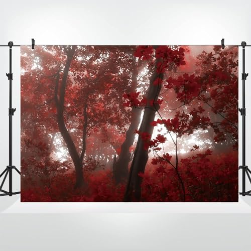 10x7ft Fall Maple Leaves Backdrop Autumn Scenery Misty Red Maple Forest Photography Background Natural Landscape Maple Trees Thanksgiving Party Kids Adults Travel Decor Banner Photo Props - size: 10x7ft