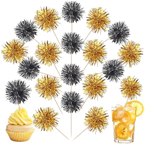 40 PCS Foil Firework Cupcake Toppers Sparkle Tinsel Cupcake Picks Fireworks Birthday Party Decorations Cocktail Fruit Toothpick for Birthday Wedding Graduation Party Decorations Supplies Black Gold - color: Z-black Gold