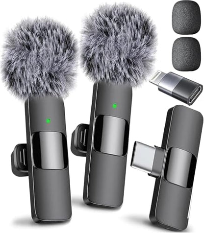 Mini Mic Pro (Latest Model) - Wireless Mini Microphone for iPhone, iPad, Android - 2 Pack Lavalier Microphone for Video Recording - iPhone Mic Crystal Clear Recording with USB-C for Content Creators - style: All iPhones & Androids (USB-C + Lightning)