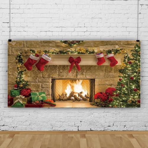 12x6ft Christmas Fireplaces Backdrop Marble Fireplace Blazing Flames Christmas Tree Stockings Photography Background Family Party Kids Adult Portraits Decor Banner Studio Photo Props - size: 12x6ft-polyester