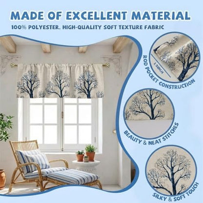 Minimalist Tree Curtain, Two-Pack, Indigo Branch Linen Botanical Pattern,Applicable to Bathroom, Bedroom, 54x18 inches. - color: Minimalist Tree