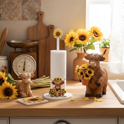 Namalu Highland Cow Sunflower Paper Towel Holder Highland Cow Sunflower Kitchen Decor Kitchen Cute Paper Towel Holder Dispenser for Bedroom Toilet Countertop Decor - style: Highland Cow