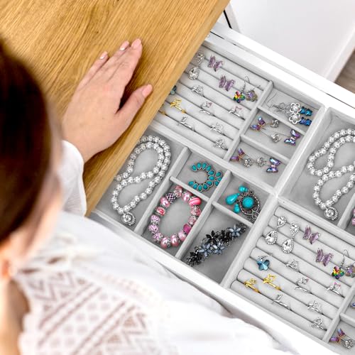 Abeillo 6Pcs Velvet Jewelry Tray Stackable Jewelry Drawer Organizer Inserts Divided Jewelry Box Display Case Storage for Earring Necklace Rings Bracelet Watch Bangle (Grey)