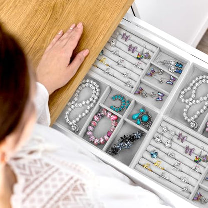 Abeillo 6Pcs Velvet Jewelry Tray Stackable Jewelry Drawer Organizer Inserts Divided Jewelry Box Display Case Storage for Earring Necklace Rings Bracelet Watch Bangle (Grey)
