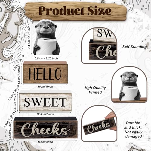 Moucuny 4 Pcs Otter Bathroom Decor Set Farmhouse Bathroom Decor and Accessories Rustic Hello Sweet Cheeks Wooden Blocks Signs with Toilet Paper Funny Toilet Shelf Decoration for Home Office Half Bath - style: Bathroom Otter