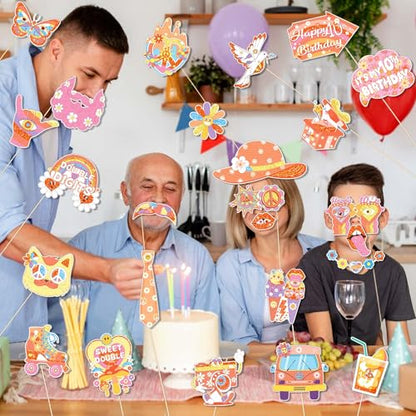 25Pcs Groovy 10th Birthday Photo Booth Props with Stick, Boho Hippie Theme Selfie Props, Retro Party Supplies, Girl Kids Bday Photography Backdrop Decorations