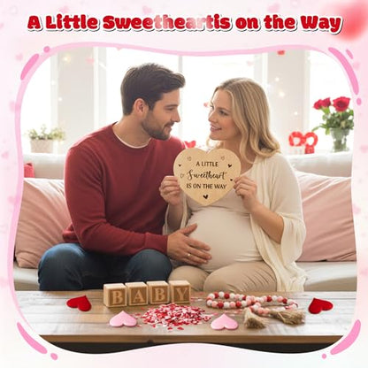 13Pcs Valentine Pregnancy Announcement Set - Coming Soon Baby Announcements Ideas Include Wooden Sign Beads Garland Wood Blocks Sponge Pregnancy Reveal Photo Props for Grandparents Dad Husband Family - color: Red and Pink