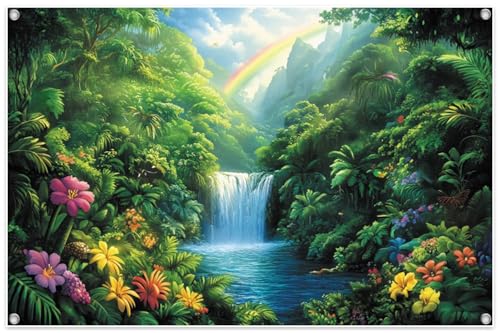5x3ft Fabric Rainforest Falls VBS 2026 Backdrop Emerald VBS Decorations Summer Jungle Forest Rainbow Spring Flowers Background Outdoor Safari Picnic Party Decor Banner Photo Props - color: Forest Green, size: 5x3ft