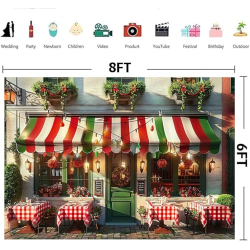 Italian Street Restaurant Backdrop Red White Green Stripes Cafe Green Plants Flowers Background Wall Italian Theme Party Decorations Holiday Travel Pictures Shooting Wallpaper (A, 8X6FT) - color: A, size: 8X6FT