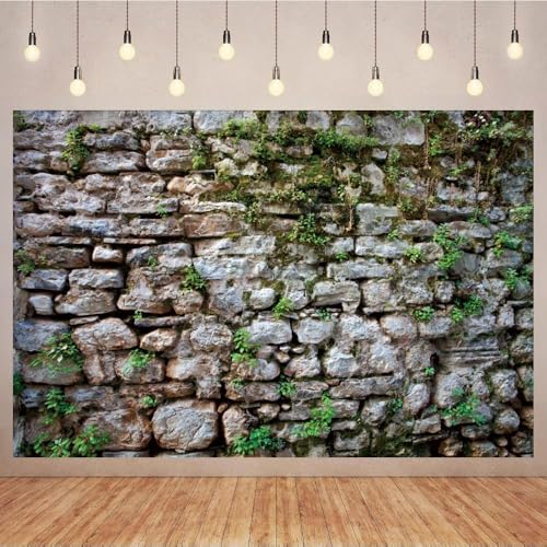8x5ft Rustic Brick Wall Backdrop for Photography Green Moss Stone Wall Textured Background Vintage Rocky Reptile Tank Background Spring Garden Decoration for Child Adult Portrait Studio Photo Props - size: 8x5ft
