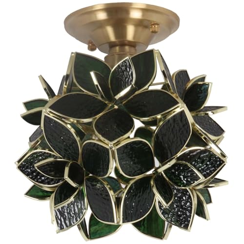 Bieye L11040 Flower Petals Tiffany Style Stained Glass Close to Ceiling Light for Home Decor (Textured Deep Green, 8" Rose Lily) - color: Textured Deep Green, size: 8" Rose Lily