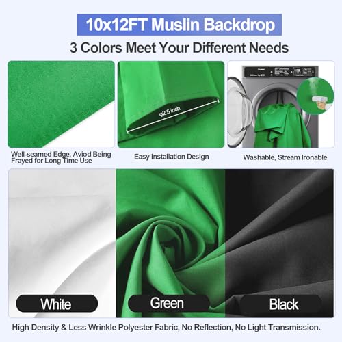 EMART 8.5x10ft Green Screen Backdrop Kit with Sand Bag, Photography Background Support System with 10x12ft Polyester Backdrop(Black/White/Green) for Photography, Parties, Wedding, Video Shooting - size: 8.5x10ft(backdrop Stand)/10x12ft(backdrop)