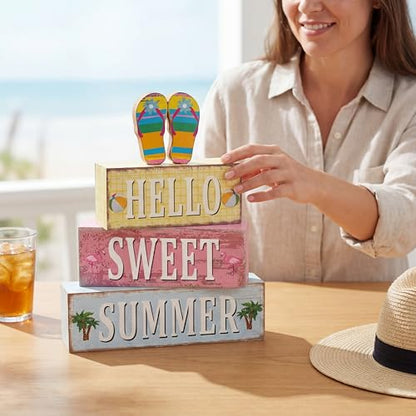 Geelin 4 Pcs Summer Decorations Wooden Sign Hello Summer Flip Flop Table Centerpiece Tiered Tray Decor Beach Farmhouse Blocks Table Top Sign for Home - style: Summer