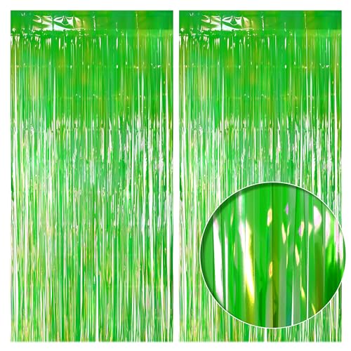 2 Pack Green Iridescent Streamers Backdrop, 3.3x6.6ft Foil Fringe Curtains Holographic Door Tinsel Streamers for Birthday, Wedding, Holiday, Bachelorette, Christmas Theme Party Decorations - color: Green, size: 2 Pack