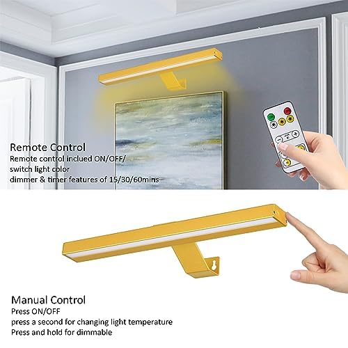 MIOBLUE Wireless Picture Lights with Remote - Rechargeable Battery Art Display Light - 16" Full Metal Accent Light for Paintings - color: -Gold, size: 16inch
