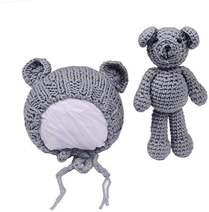 Newborn Baby Photo Shoot Props Boys Girls Crochet Knitted Hat Bear Hat Beanie with Bear Dolls Photography Props - color: Gray