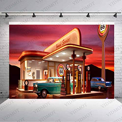 50s Backdrop for Bathday Party Route 66 Gas Station Vintage Car Photography Background 9x6ft Party Decor Banner Photo Studio Photography Props BJXPVV8 - size: 9X6 FT