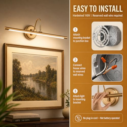 JOOSENLUX Dimmable Led Picture Lights 24.4'' Brass Golden-Like Hard-Wired Display Lighting for Paintings with Swing Arm Wall Mount Brief Metal Artwork Hallway Sconce Lamps 14W Warm White 3000K - color: Hard-Wired Brass, size: Dimmable 24.4 inch