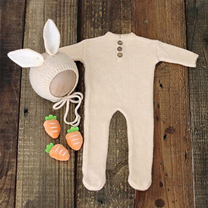 Zeroest Newborn Boy Photoshoot Outfits and Props Bear Bonnet with Footed Romper Infant Baby Photography Crochet Knitted Set - color: Toffee-01