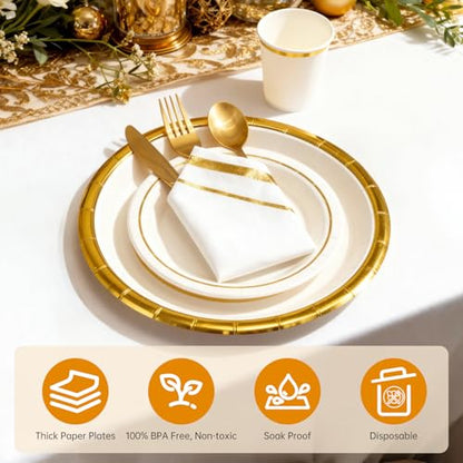AIRE 175PCS White Gold Paper Plates Party Supplies Dinnerware Sets for 25 Guests, Disposable Paper Party Plates, Cups and Napkins, Gold Plastic Forks Knives Spoons for Wedding Birthday BBQ Parties - color: 175pcs White Gold