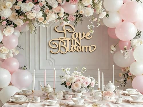 Love in Bloom Bridal Shower Sign - Rustic Laser-Cut Wooden Backdrop Decor for Wedding, Engagement, Bridal Luncheon, Anniversary Photo Booth Props