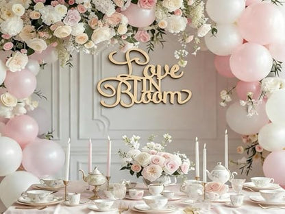 Love in Bloom Bridal Shower Sign - Rustic Laser-Cut Wooden Backdrop Decor for Wedding, Engagement, Bridal Luncheon, Anniversary Photo Booth Props