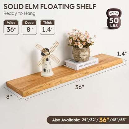 Floating Shelves Set of 2, Solid Elm Wood Wall Shelves 36 Inch - Invisible Bracket Mount for Living Room, Bedroom, Kitchen, Bathroom - Natural - color: Clear Natural, size: 36"L, 2-Pack