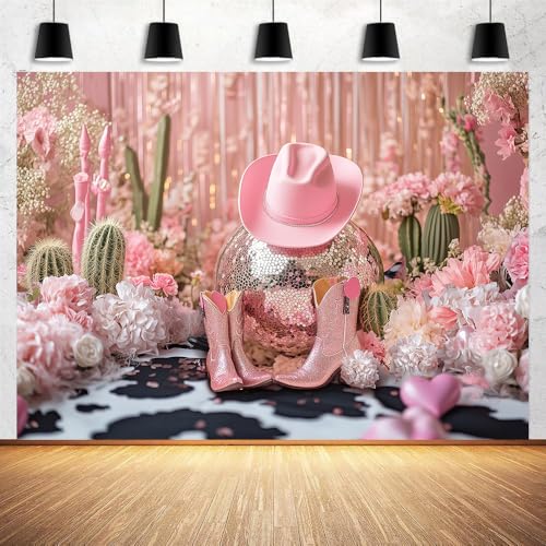 8X6ft Disco Western Cowgirl Party Backdrop Pink Black Cow Print Cowgirl Birthday Background Party Decorations Wild West Country Hot Pink Boot Birthday Photography Background Photo Booth Props - color: Pink, size: 8X6FT