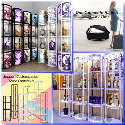Foldable Display Case,Portable Display Cabinet,Retail Display Racks,Storage Showcase Cabinets Luminescent with LED-Light for Tradeshow Display,Tradeshow Booths ,White Round 4-Shelves 18x76inch - size: 18x76"