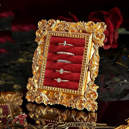 Vintage Ring Holder Rectangle Gold Velvet Display Stand - Baroque Jewelry Organizer Box Tray for Wedding Engagement Anniversary Women Birthday Christmas Gift Photograph Prop (MPF05-Gold Red) - color: MPF05-Gold Red