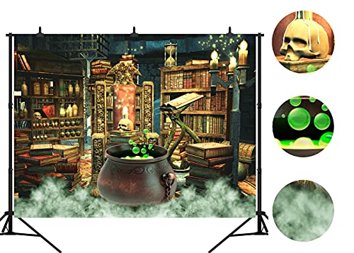 Halloween Photography Backdrop Witch Magic Cauldron Bookshelf in Spooky Room Party Decoration Portrait Background Vinyl Photo Studio Booth Props PGT646A 7x5ft - size: 7'X5'