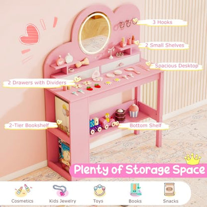 Costzon Kids Vanity, Girls Vanity Set with Lighted Mirror, Bookshelf, Drawers, Hooks & Storage Shelves, Toddler Makeup Vanity Desk Dressing Table, Wooden Kids Vanity Table and Chair Set (Pink) - style: Pink with Bookshelf