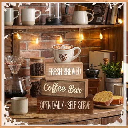 Moucuny 4 Pcs Farmhouse Coffee Bar Signs Decor Wooden Cup Rise & Shine It's Coffee Time Rustic Wood Cafe Sign Gift for Home Kitchen Tabletop Decor - style: Coffee Bar Coffee Bar