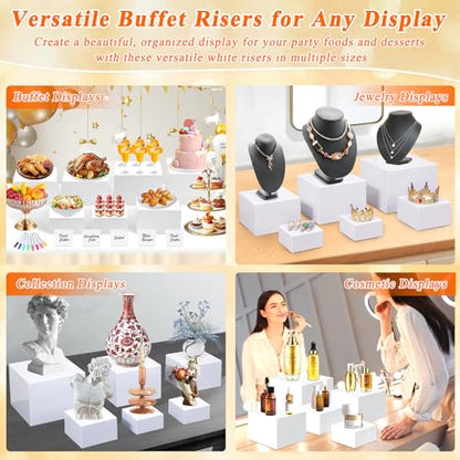 7Pcs White Acrylic Buffet Risers with Mini Sign and Marker, Food Display Risers for Party Catering Dessert Jewelry Collectibles,Acrylic Cube Nesting Boxes with Hollow Bottoms(8" 7.5" 7" 6.8" 6" 5" 5") - size: 8" 7.5" 7" 6.8" 6" 5" 5"