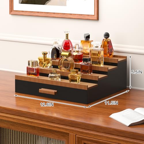 Vdamu Cologne Organizer for Men,4 Tier of Elevated Cologne Display Stand with Drawer Storage,Wood Cologne Display,Perfume Organizer and Storage Display Risers,Great Gift for Men (Black Walnut) - color: BlackWalnut