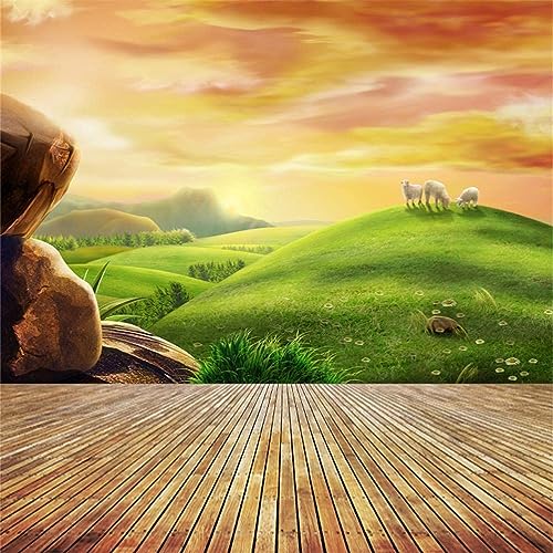 AOFOTO 8x8ft Dreamy Pastoral Scenery Photography Girl Backgrounds Cartoon Spring Hillside Meadow Sheep Backdrop with Wood Floor Rosy Clouds Grass Video Baby Kid Portrait Photo Shoot Studio Props Vinyl - size: 8x8ft