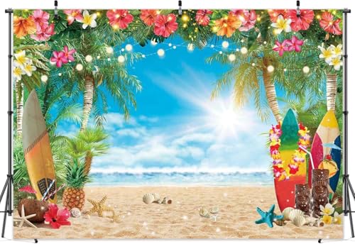 12x8FT Polyester Fabric Summer Beach Hawaiian Backdrop Seaside Tropical Flower Palm Leaves Surfboard Photography Background for Luau Aloha Party Decoration Banner Picture Photo Booth - size: 12'x8'