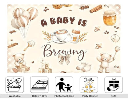 12x10ft A Baby is Brewing Backdrop Sweet Brown Coffee Baking Theme Cute Bear Croissant Feeding Bottle Newborn Cake Smash Baby Shower Decorations Photography Background Photo Studio Props - size: 12x10ft