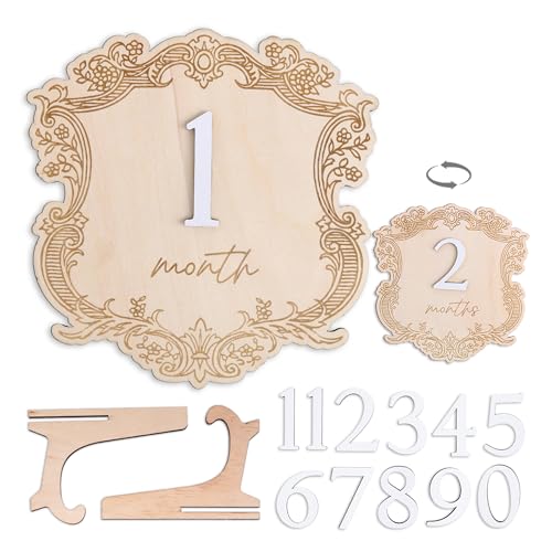 Vintage Wooden Baby Monthly Milestone Set, Elegant Engraved Frame with 3D Numbers and Month Months Signs, Newborn Photo Prop for Baby Monthly Pictures